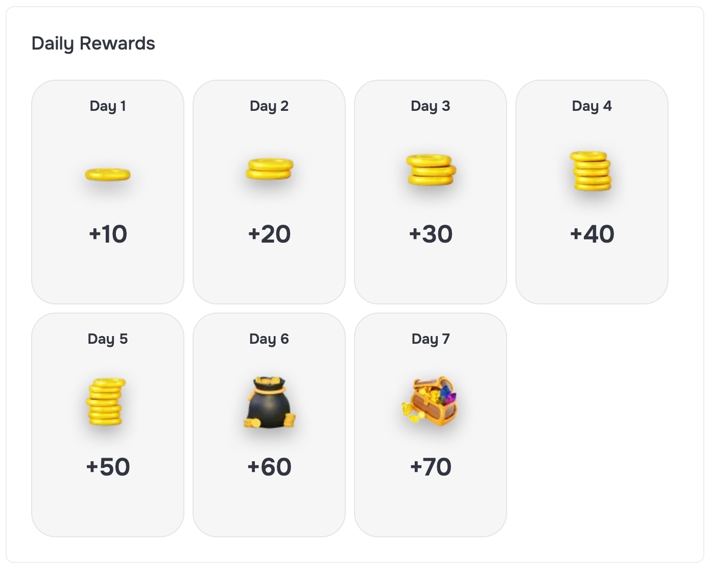 Daily login rewards - earn 10 to 70 coins per day
