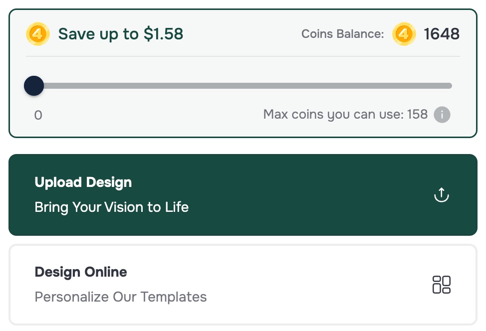 Coin slider on product page showing save up to $1.58 with 1648 coins balance