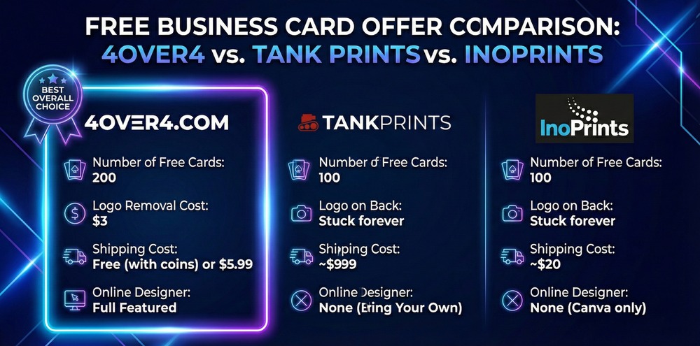 Comparison chart showing 4OVER4 offers 200 free business cards vs 100 from competitors