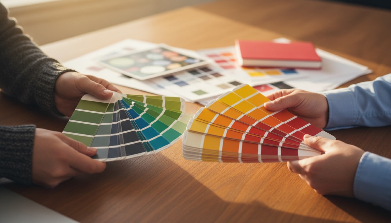 4OVER4.COM staff and customer consulting Pantone color swatch fans for a custom-quoted print job