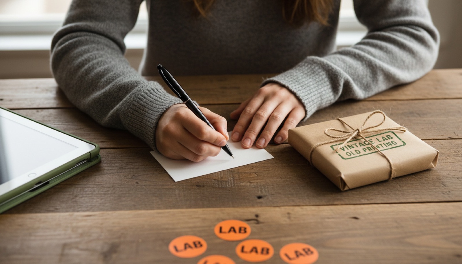 Hands writing a thank-you note next to a kraft VINTAGE LAB package tied with twine, ready for same-day delivery