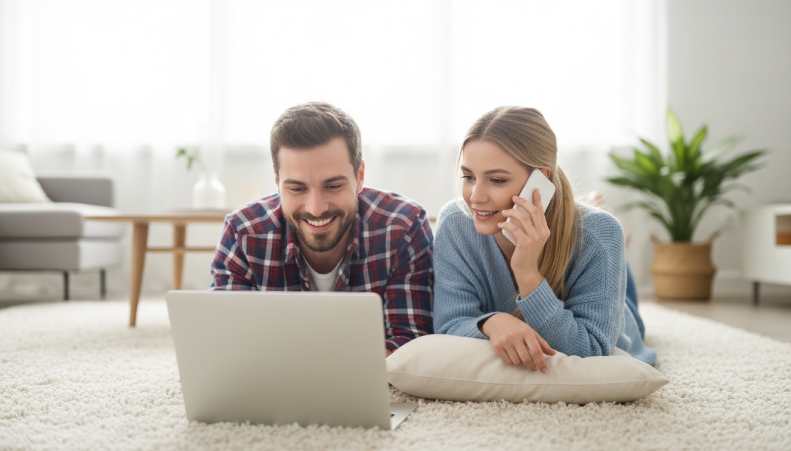 Couple lying on the floor smiling at a laptop, reviewing online print proofs together