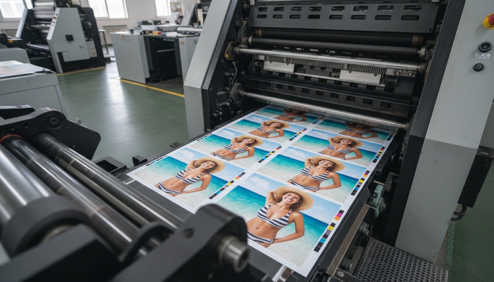 Production press floor: large sheets of a beach photo emerging from the printing machine
