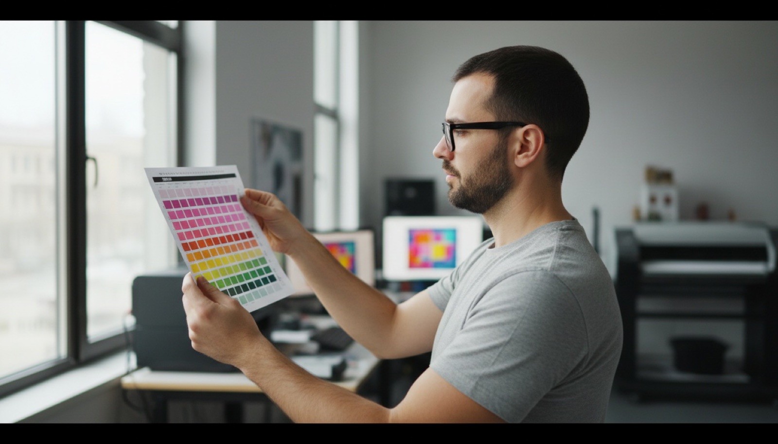 Print technician in glasses examining a CMYK color test sheet under workshop lighting