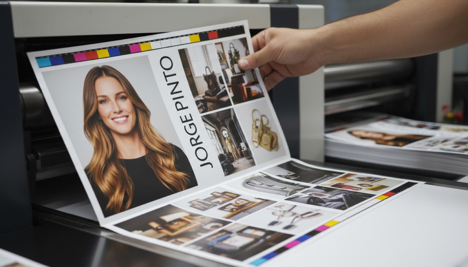 Operator pulling a printed magazine spread off the press with a CMYK color-bar QC strip