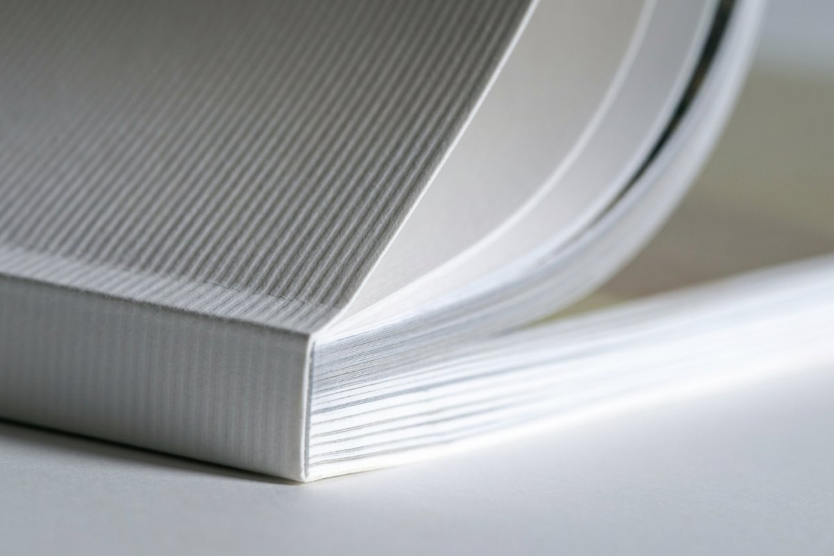 Perfect bound books printed by 4OVER4 stacked to show the flat printed spine