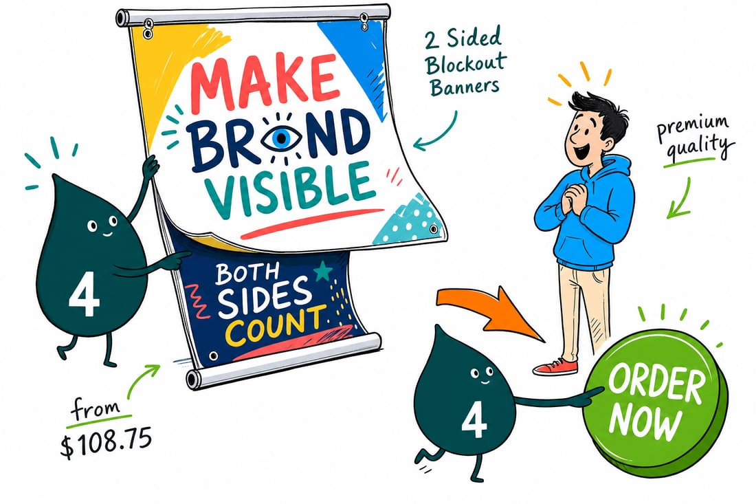 Wally the 4OVER4 mascot holding up a double-sided blockout banner, showing a crisp full-color graphic on each opaque face, teal hand-drawn line art.