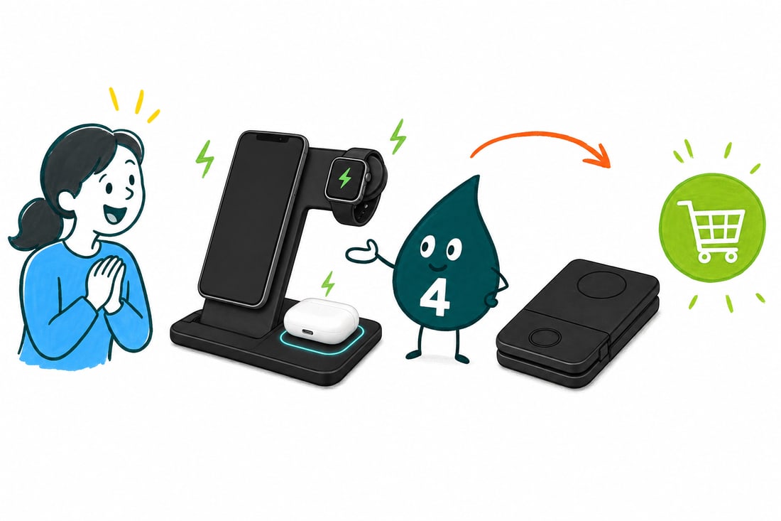 Wally the 4OVER4 mascot holding an open 3 in 1 foldable wireless charger with a phone, a watch, and earbuds charging on it, priced at $15, teal hand-drawn line art.
