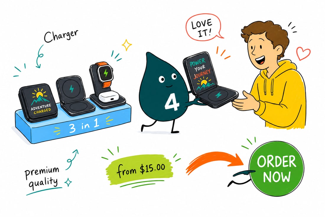 Wally the 4OVER4 mascot holding an open 3 in 1 foldable wireless charger with a phone, a watch, and earbuds charging on it, priced at $15, teal hand-drawn line art.