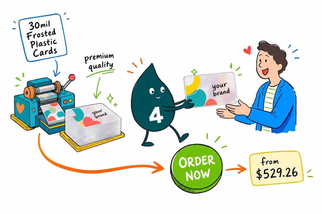 Wally the 4OVER4 mascot holding up a translucent frosted plastic card at credit-card thickness, priced from $529.26 for 500, teal hand-drawn line art.