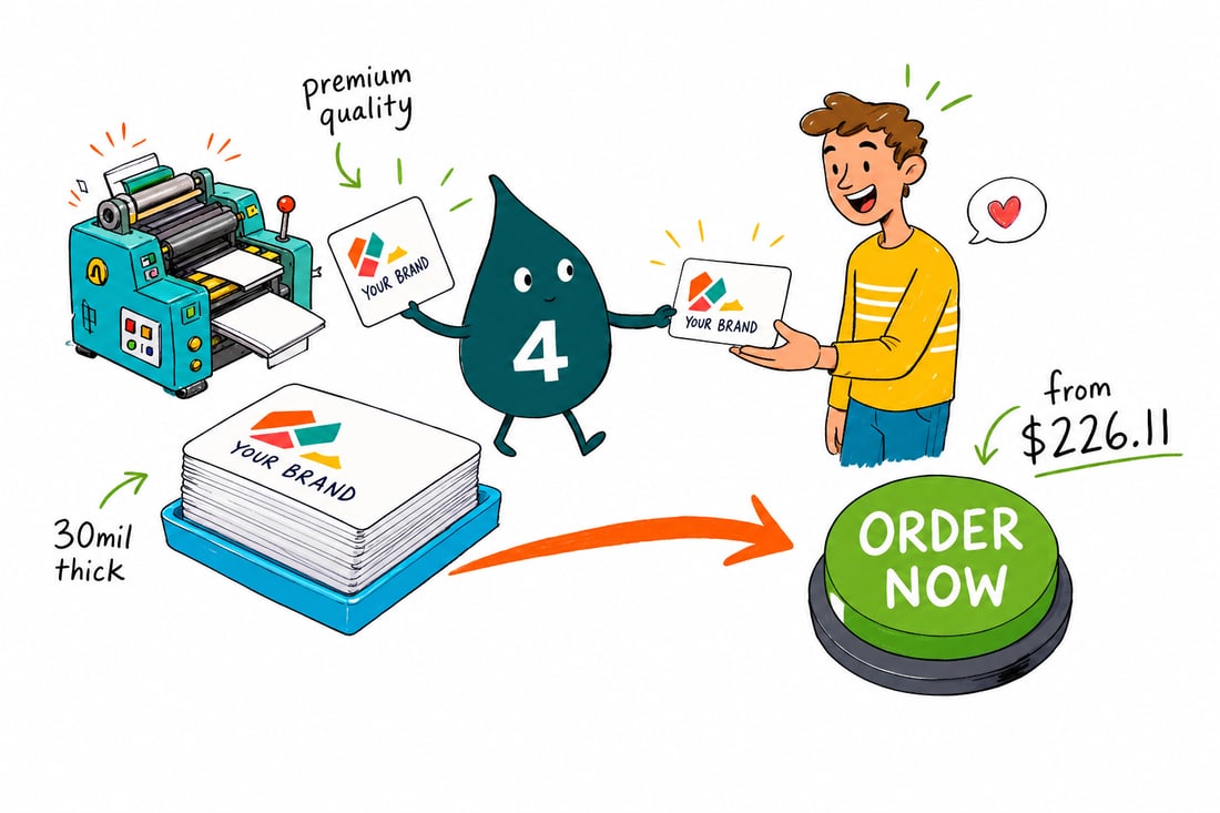 Wally the 4OVER4 mascot holding up a thick white 30mil plastic membership card with a magnetic stripe and embossed numbering, priced from $226.11 for 250, teal hand-drawn line art.