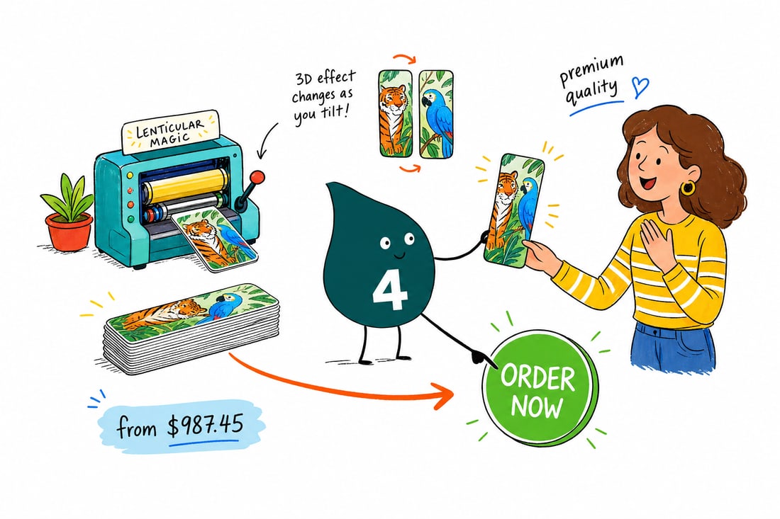 Wally the 4OVER4 mascot tilting a 3D lenticular bookmark so the printed image flips between two frames, priced from $987.45 for 500, teal hand-drawn line art.