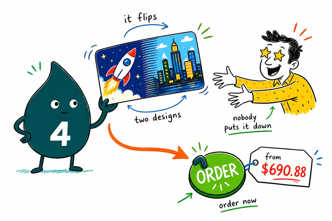 Wally the 4OVER4 mascot tilting a 3D lenticular business card priced from $690.88 for 500, the artwork flipping between two designs, handing it to a delighted customer, teal hand-drawn line art.