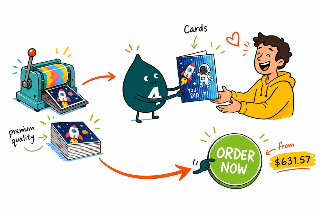 Wally the 4OVER4 mascot holding a 3D lenticular greeting card that flips between two images as it tilts, priced from $631.57 for 50, teal hand-drawn line art.