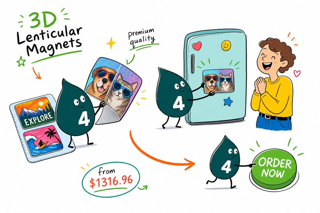 Wally the 4OVER4 mascot tilting a 3D lenticular magnet on a fridge so the printed image flips between two frames, priced from $1,316.96 for 500, teal hand-drawn line art.