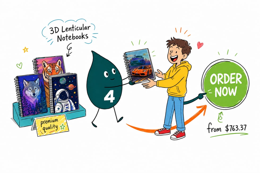 Wally the 4OVER4 mascot tilting a 3D lenticular notebook so the front cover appears to shift and gain depth, with 50 blank Wire-O bound pages fanning open, teal hand-drawn line art.