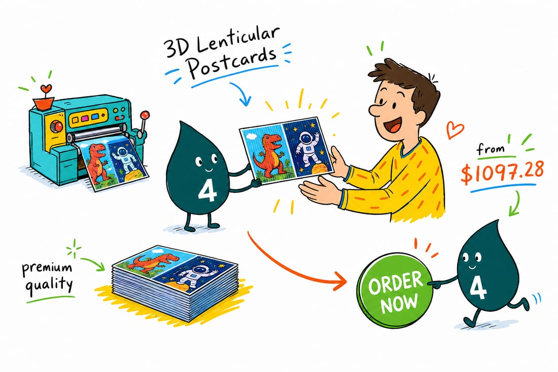 Wally the 4OVER4 mascot holding a 3D lenticular postcard that flips between two images as it tilts, priced at $1,097.28 for 500, teal hand-drawn line art.