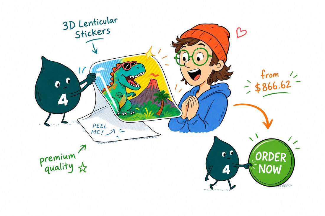 Wally the 4OVER4 mascot tilting a 3D lenticular sticker so its art flips between two frames, teal hand-drawn line art.