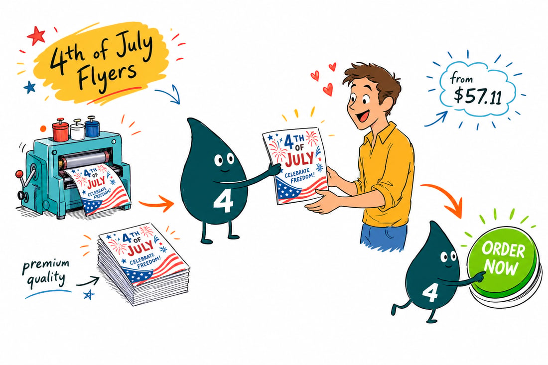 Wally the 4OVER4 mascot handing a festive Fourth of July flyer, priced at $39.54 for 50, across a counter to a happy customer, teal hand-drawn line art.