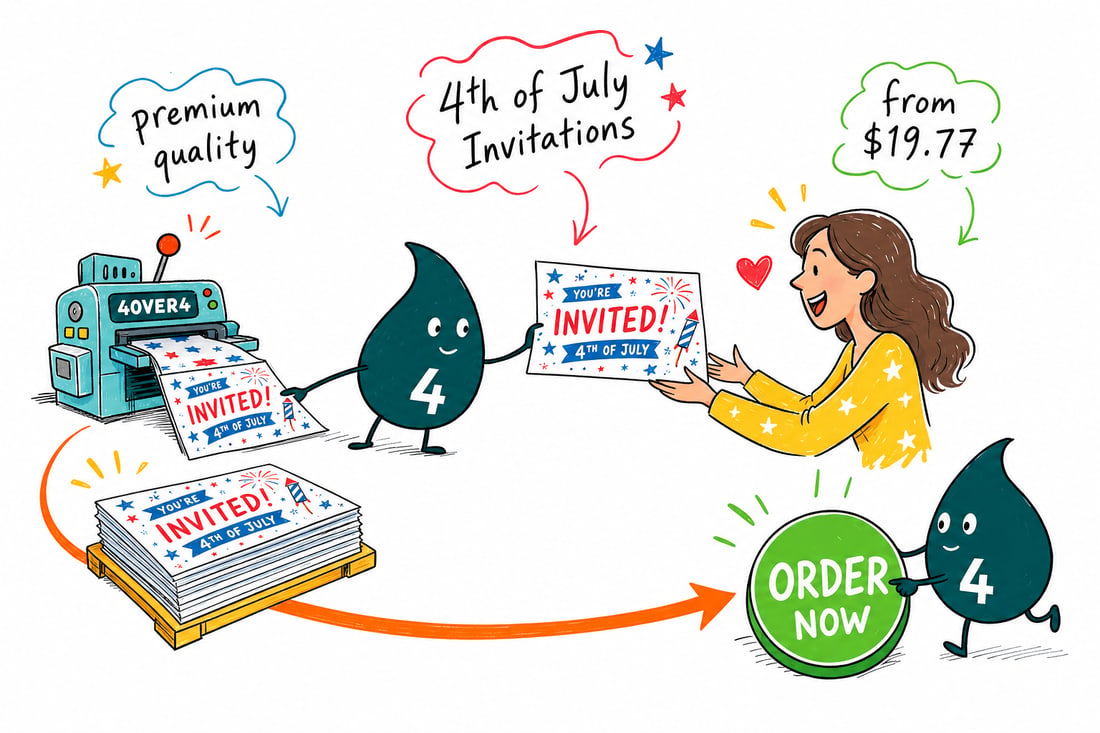 Wally the 4OVER4 mascot handing a full-color red white and blue 4th of July invitation, priced at $19.77 for 25, across a counter to a happy customer, teal hand-drawn line art.