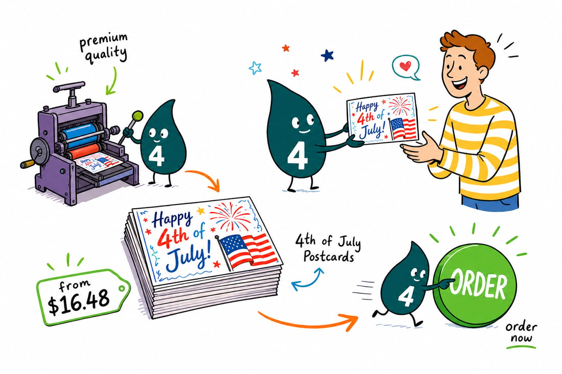 Wally the 4OVER4 mascot handing a red, white, and blue 4th of July postcard priced at $16.48 for 50 across a counter to a happy customer, teal hand-drawn line art.
