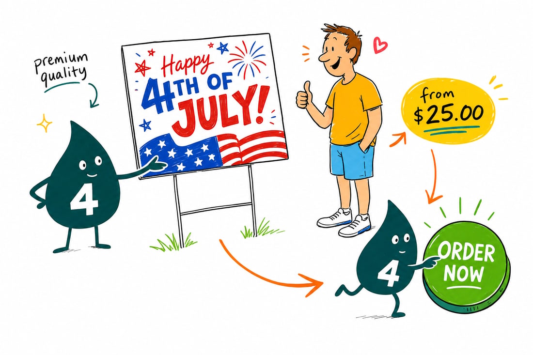 Wally the 4OVER4 mascot planting a red white and blue 4th of July yard sign on an H-stake in a green lawn, priced from $25, teal hand-drawn line art.