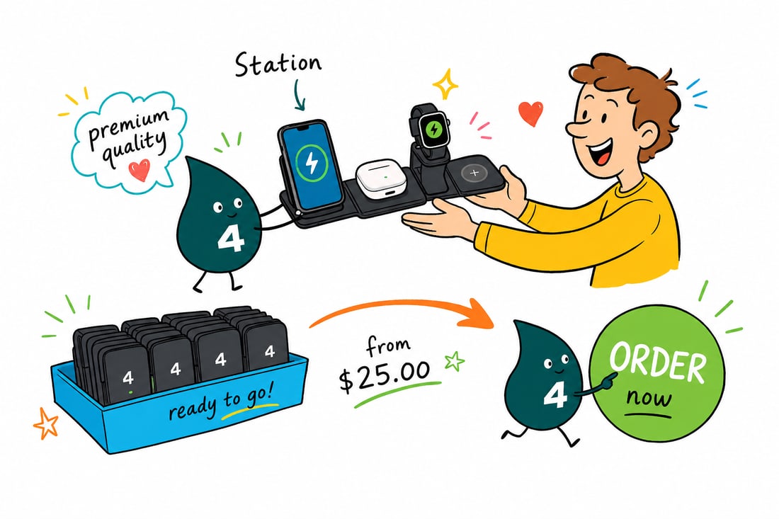 Wally the 4OVER4 mascot setting a folded 5-in-1 wireless charging station, priced from $25, on a tidy desk as several devices charge, teal hand-drawn line art.