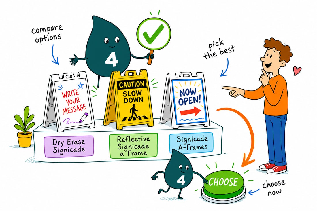 Wally compares A Frame Signs options side by side at 4OVER4.COM
