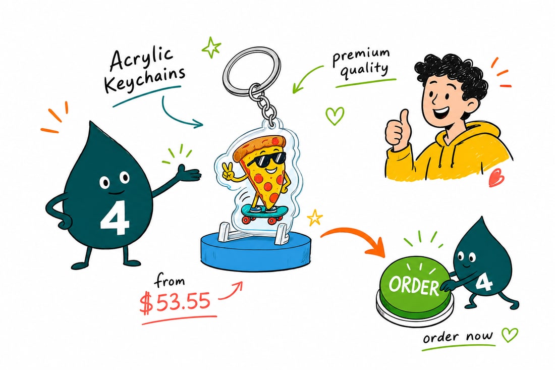 Wally the 4OVER4 mascot handing a full-color acrylic keychain, priced from $53.55 for 25, across a counter to a happy customer, teal hand-drawn line art.