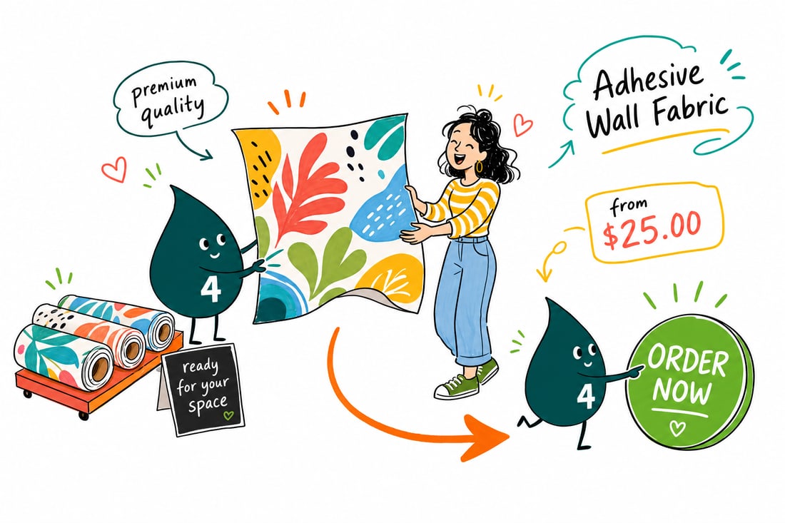 Wally the 4OVER4 mascot smoothing a printed adhesive wall fabric graphic onto an office wall, priced from $25, teal hand-drawn line art.