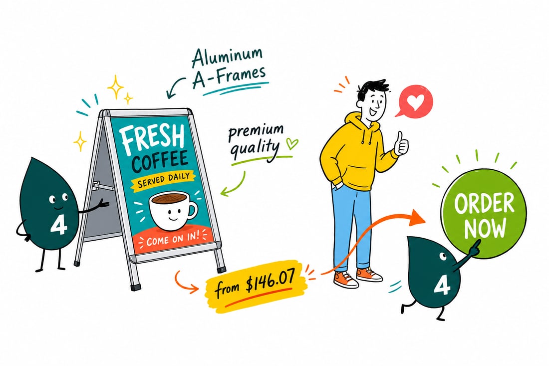 Wally the 4OVER4 mascot setting a satin-silver aluminum A-frame sidewalk sign on a storefront pavement, a printed sign on each side, teal hand-drawn line art.
