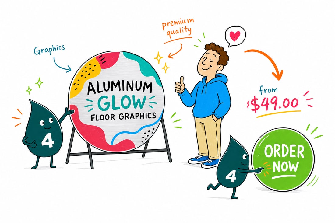 Wally the 4OVER4 mascot pressing a glowing aluminum floor graphic priced at $49 onto a dim floor, teal hand-drawn line art.