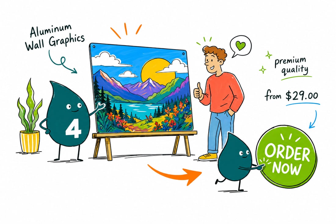 Wally the 4OVER4 mascot pressing a shiny metallic aluminum wall graphic onto an interior wall, priced from $29, teal hand-drawn line art.