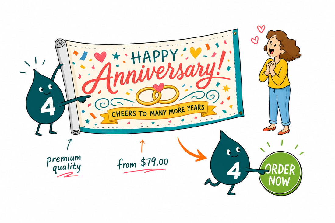 Wally the 4OVER4 mascot hanging a bright anniversary banner showing a milestone number across a storefront, teal hand-drawn line art.