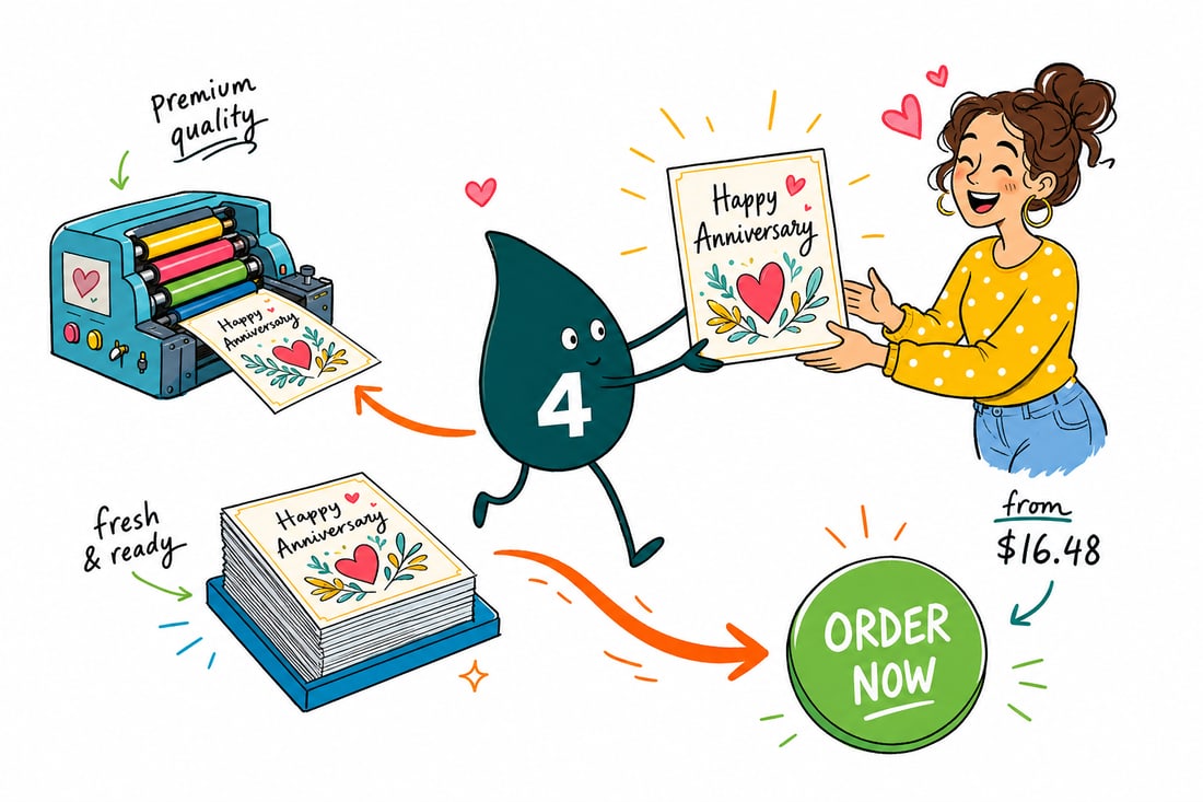 Wally the 4OVER4 mascot handing a full-color anniversary card, priced at $16.48 for 50, across a counter to a happy customer, teal hand-drawn line art.