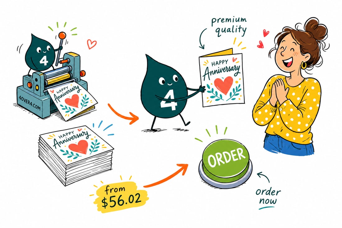 Wally the 4OVER4 mascot handing a folded anniversary greeting card, priced at $56.02 for 50, to a smiling couple, teal hand-drawn line art.