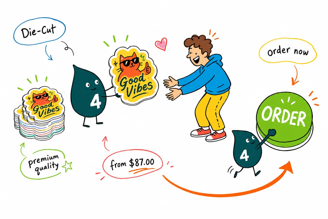 Wally the 4OVER4 mascot holding a custom die-cut paper print shaped like a star, priced from $87 for 50 units, handing it across a counter, teal hand-drawn line art.