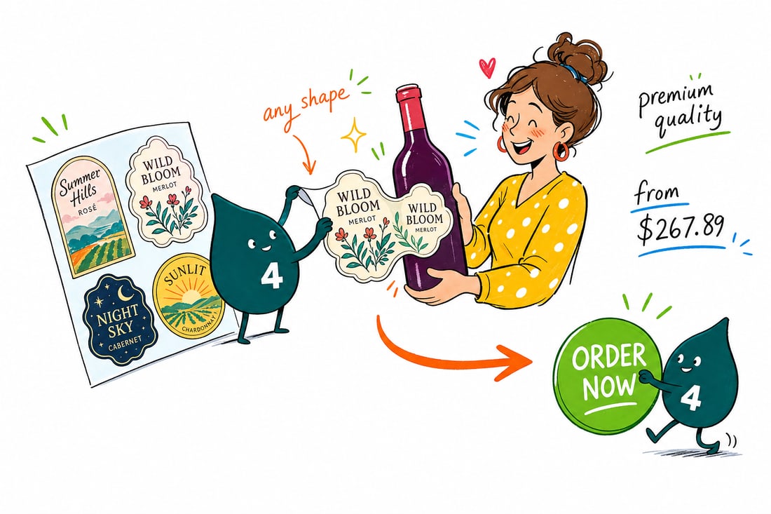 Wally the 4OVER4 mascot holding a custom crest-shaped wine label peeled from a roll, priced at $267.89 for 250, next to a wine bottle, teal hand-drawn line art.