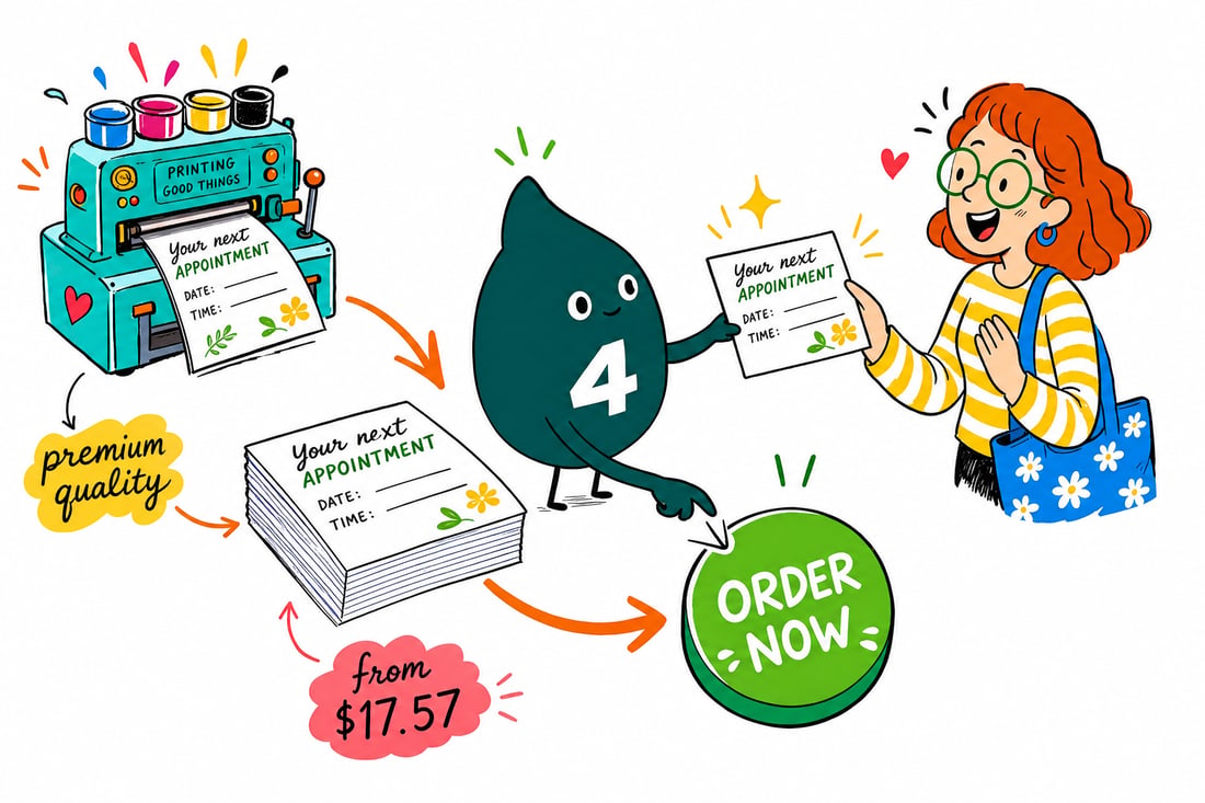 Wally the 4OVER4 mascot handing a 2 by 3.5 inch appointment card, priced at $17.57 for 100, across a front desk to a smiling client, teal hand-drawn line art.