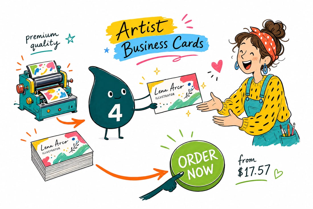 Wally the 4OVER4 mascot handing a full-color artist business card, priced at $17.57 for 100, to a painter at a studio, teal hand-drawn line art.