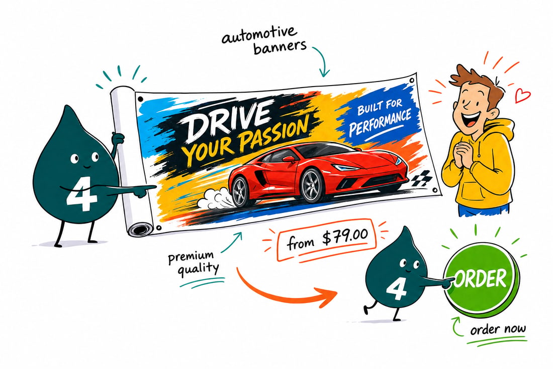 Wally the 4OVER4 mascot hanging a full-color automotive vinyl banner priced from $79 across a car dealership lot, teal hand-drawn line art.