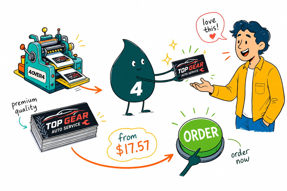 Wally the 4OVER4 mascot handing a full-color automotive business card, priced at $17.57 for 100, to a mechanic in a car repair shop, teal hand-drawn line art.