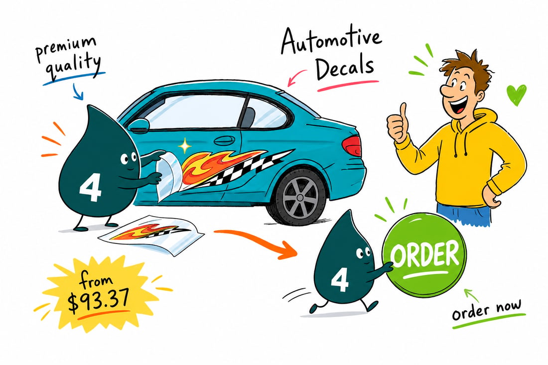 Wally the 4OVER4 mascot pressing a full color automotive decal onto a car door, priced at $93.37 for 25, teal hand-drawn line art.