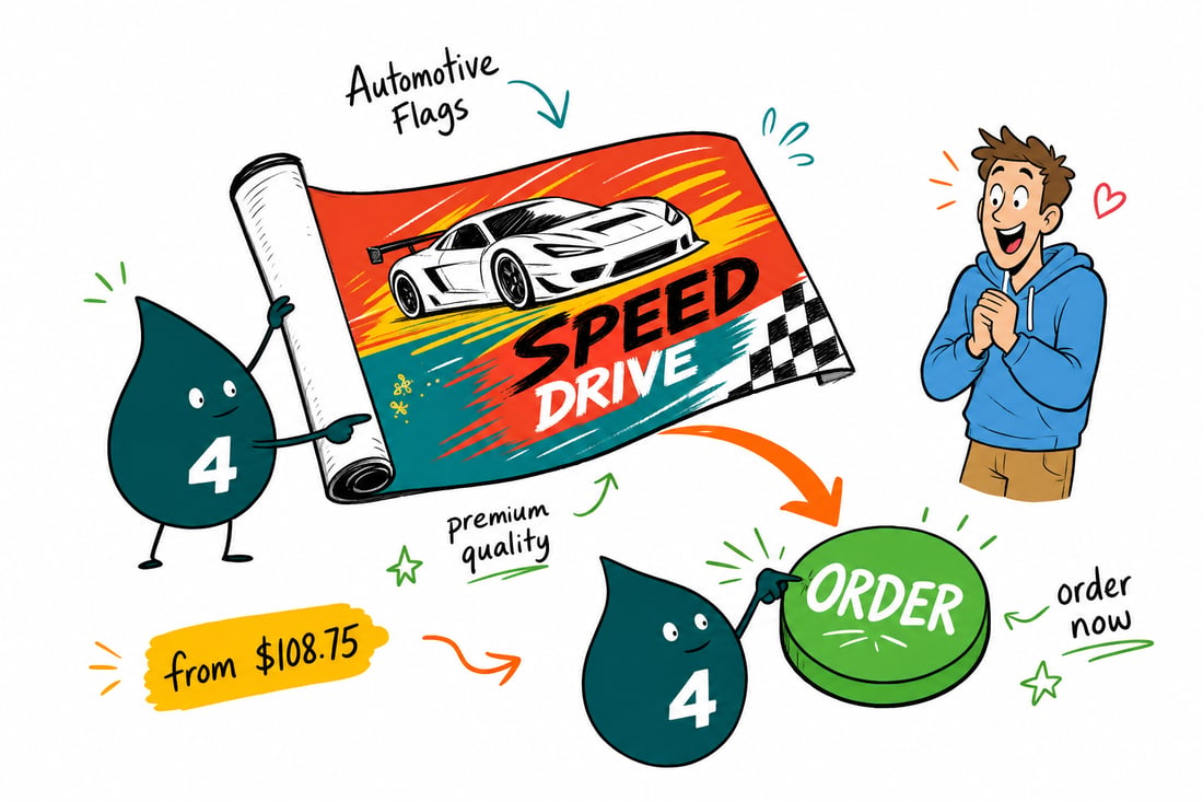 Wally the 4OVER4 mascot planting a tall 14 foot automotive feather flag beside a row of cars on a dealership lot, priced from $108.75, teal hand-drawn line art.
