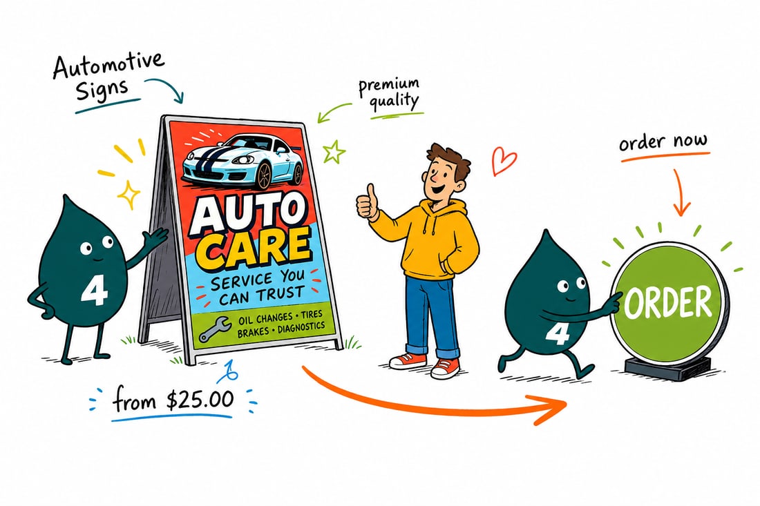 Wally the 4OVER4 mascot holding up a bright automotive sign in front of a car dealership lot, teal hand-drawn line art.