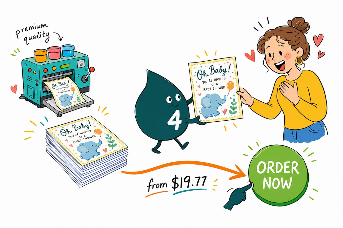 Wally the 4OVER4 mascot handing a baby shower invitation card, priced at $19.77 for 25, across a counter to a happy expectant parent, teal hand-drawn line art.