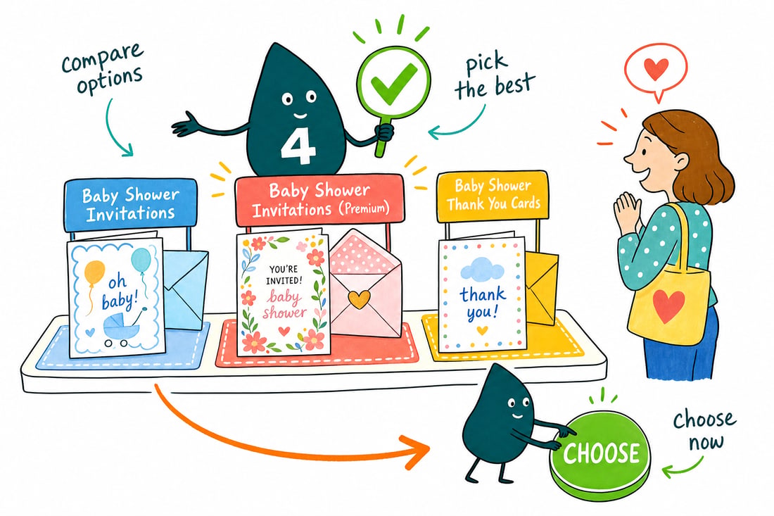 Wally compares Baby Shower options side by side at 4OVER4.COM