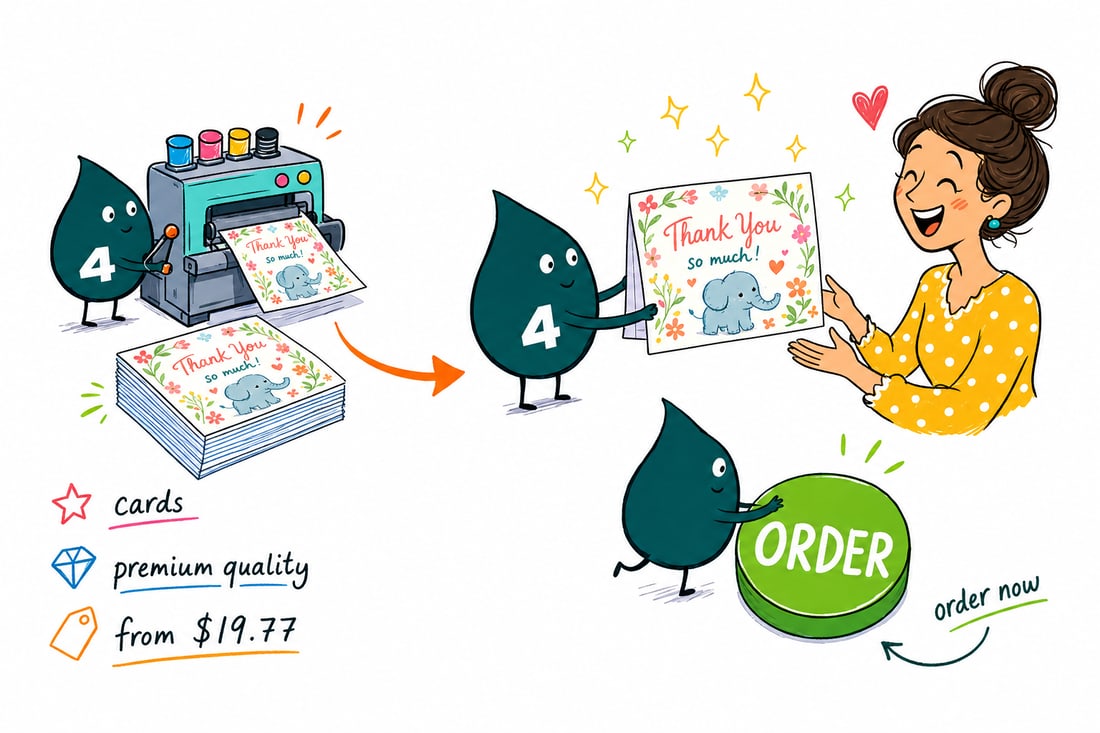Wally the 4OVER4 mascot handing a baby shower thank you card, priced at $19.77 for 25, across a counter to a happy new parent, teal hand-drawn line art.