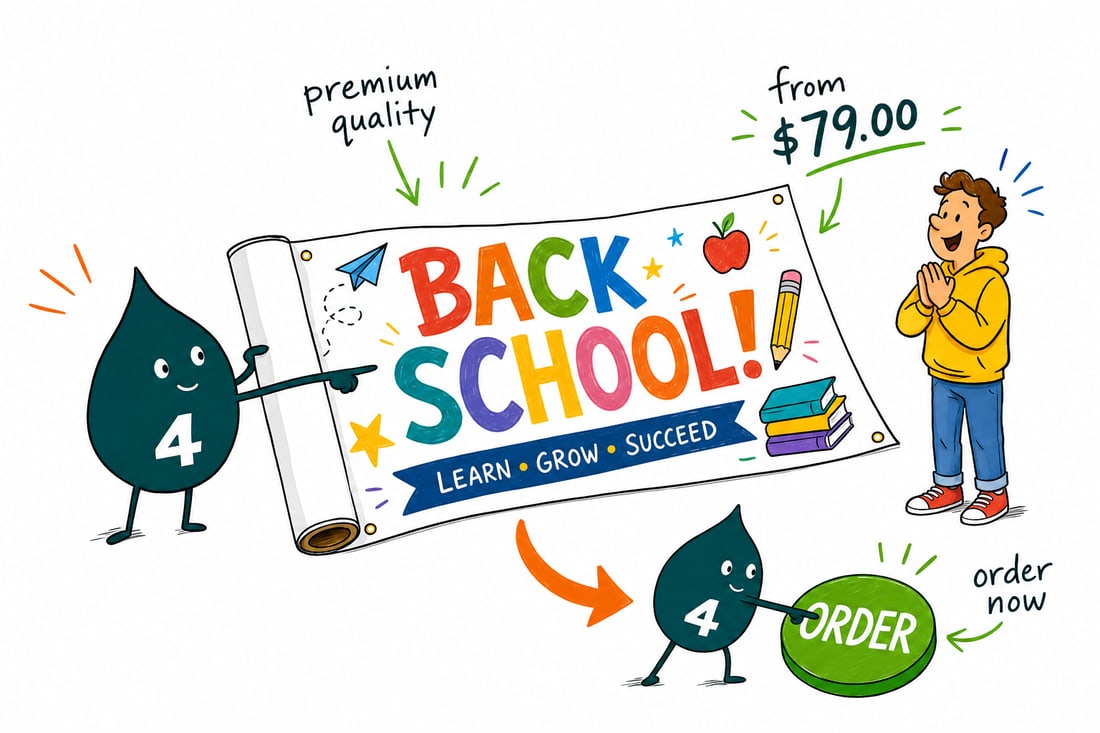 Wally the 4OVER4 mascot hanging a colorful back to school vinyl banner priced at $79 above a school entrance, teal hand-drawn line art.