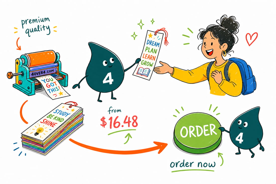 Wally the 4OVER4 mascot handing a tall back to school bookmark, priced at $16.48 for 50, to a smiling student, teal hand-drawn line art.